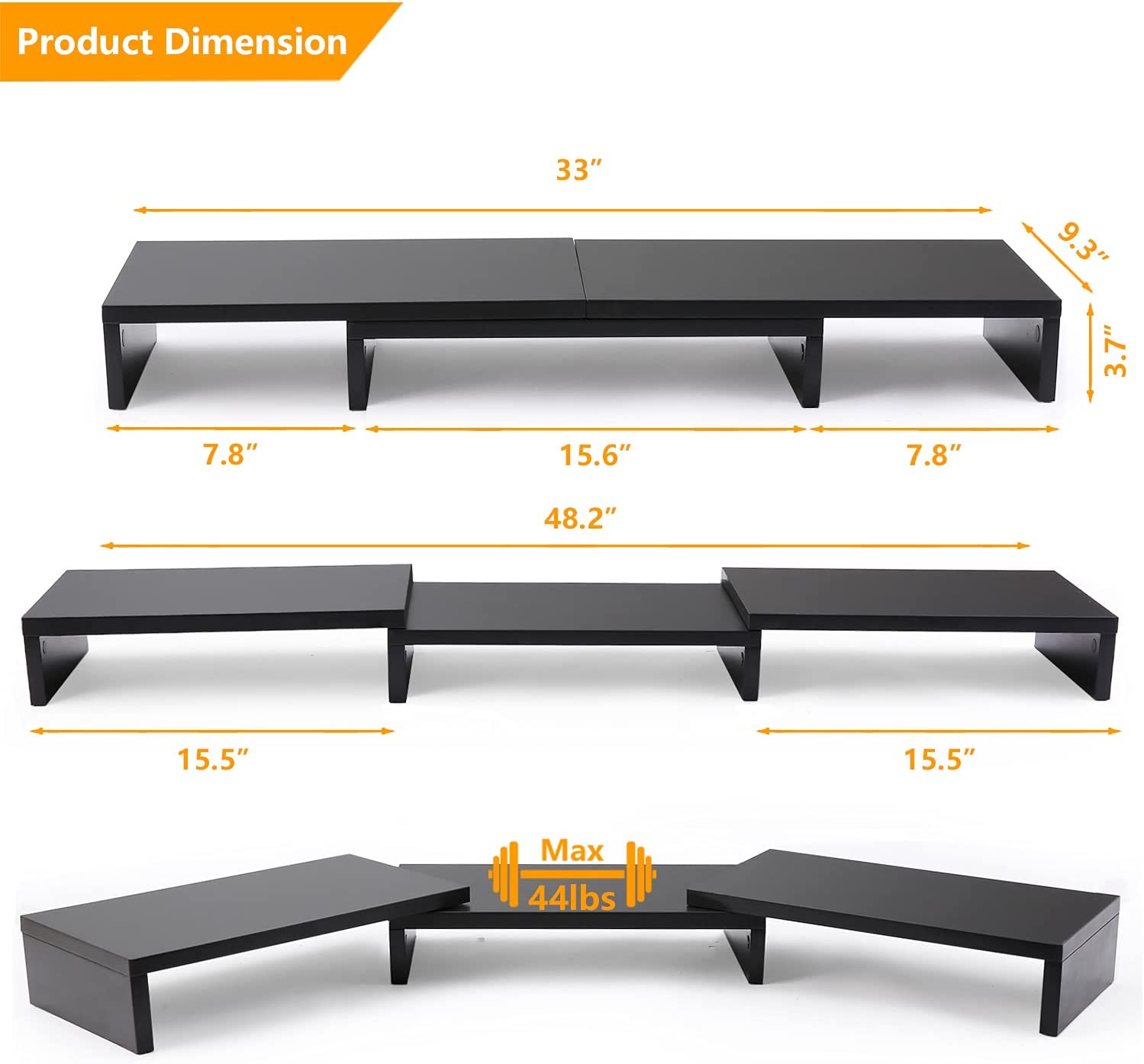 5Rcom Dual Monitor Stand, Desk Accessories with Adjustable Length and Angle, Computer Monitor Stand for PC, Tablet, Laptop, Printer, Monitor Stand Riser, Desk Shelf (Black)