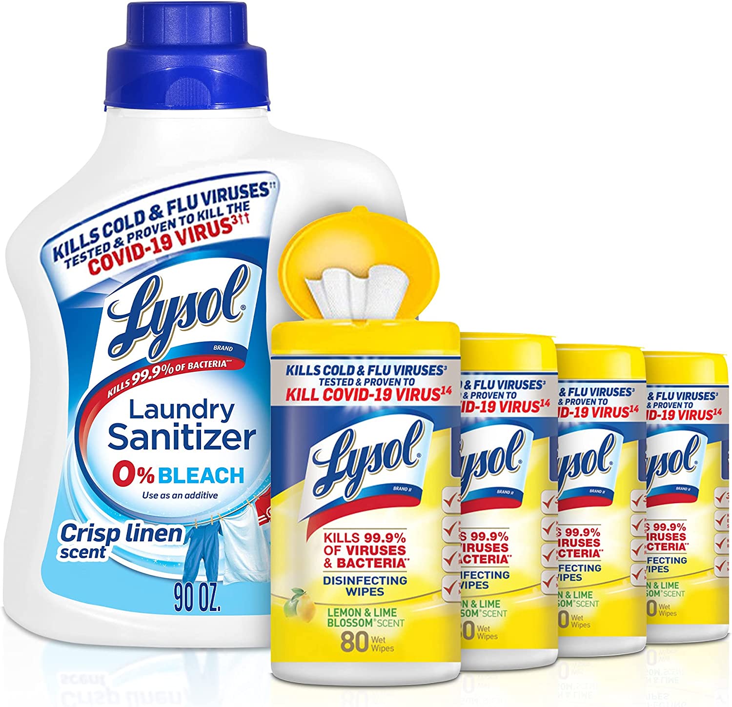 Lysol Laundry Sanitizer Additive, Crisp Linen, 90oz + Lysol Disinfecting Wipes, Lemon & Lime Blossom, 80 ct (Pack of 4), Packaging May Vary