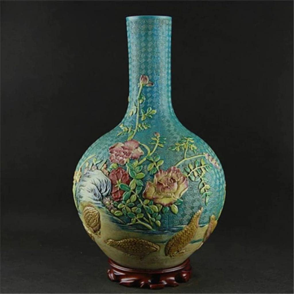 MJWDP Classic Green Ceramic Vase Embossment Antique Porcelain Flower Vase for Decoration