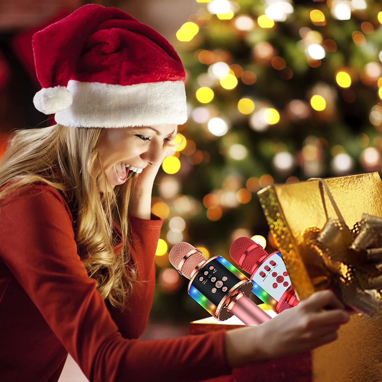 BONAOK Wireless Bluetooth Karaoke Microphone with Controllable LED Lights， 4-in-1 Portable Handheld Mic Speaker for All Smartphones， Birthday for Kids Adults All Age Q78 (Rose Gold)