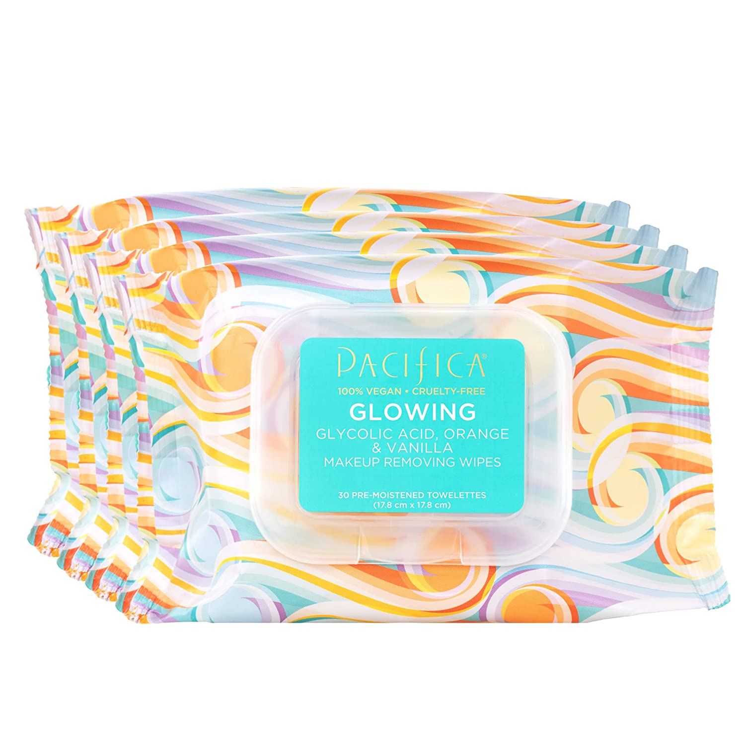 Pacifica Beauty - Glowing Makeup Remover Wipes - Glycolic Acid, Coconut Water, Aloe Infused - Daily Cleansing + Exfoliating - Clean Skin Care - Plant Fiber Facial Towelettes - Vegan