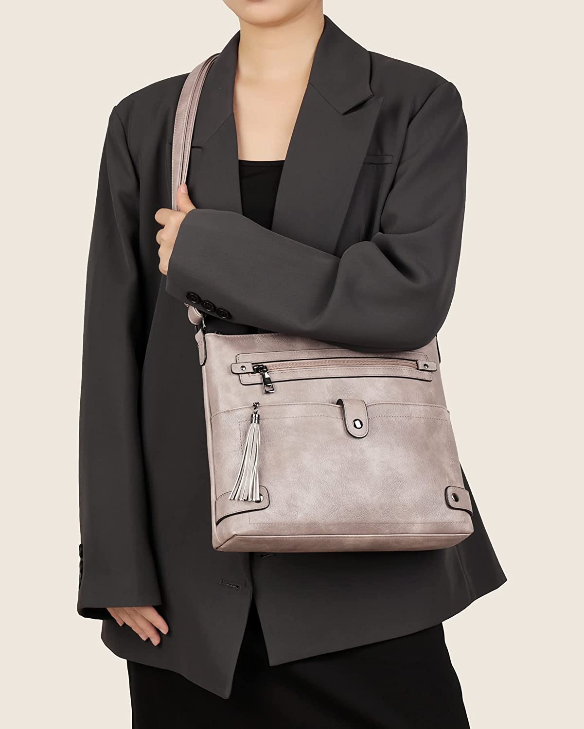 FADEON Leather Crossbody Bag for Women Large Crossbody Purses Ladies Designer lightweight PU Shoulder Bag with Tassel