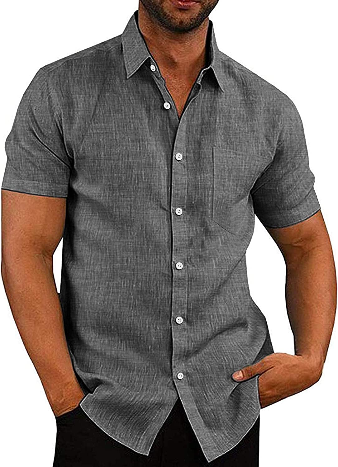 COOFANDY Men's Casual Linen Button Down Shirt Short Sleeve Beach Shirt
