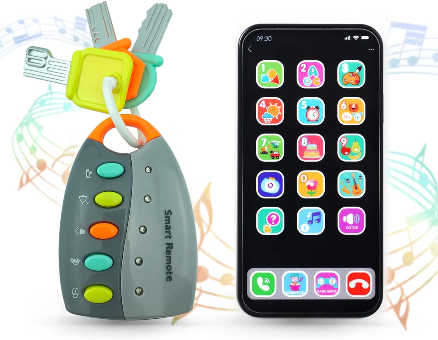 Ella Dream Baby Phone Toy with Light and Sound, Playing Car Key Toys, Pretend Play Musical Toys Bundle for Toddlers, Babies, Boys and Girls, Gifts for Birthday, Holiday