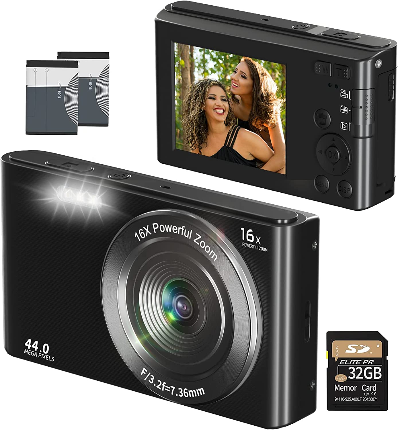 Digital Camera for Kids Teens Boys Girls Adults 4K 44MP with 32GB SD Card, 2.4 Inch Point and Shoot Camera with16X Digital Zoom, Compact Mini Camera Kids Camera for Students Seniors（Black1）