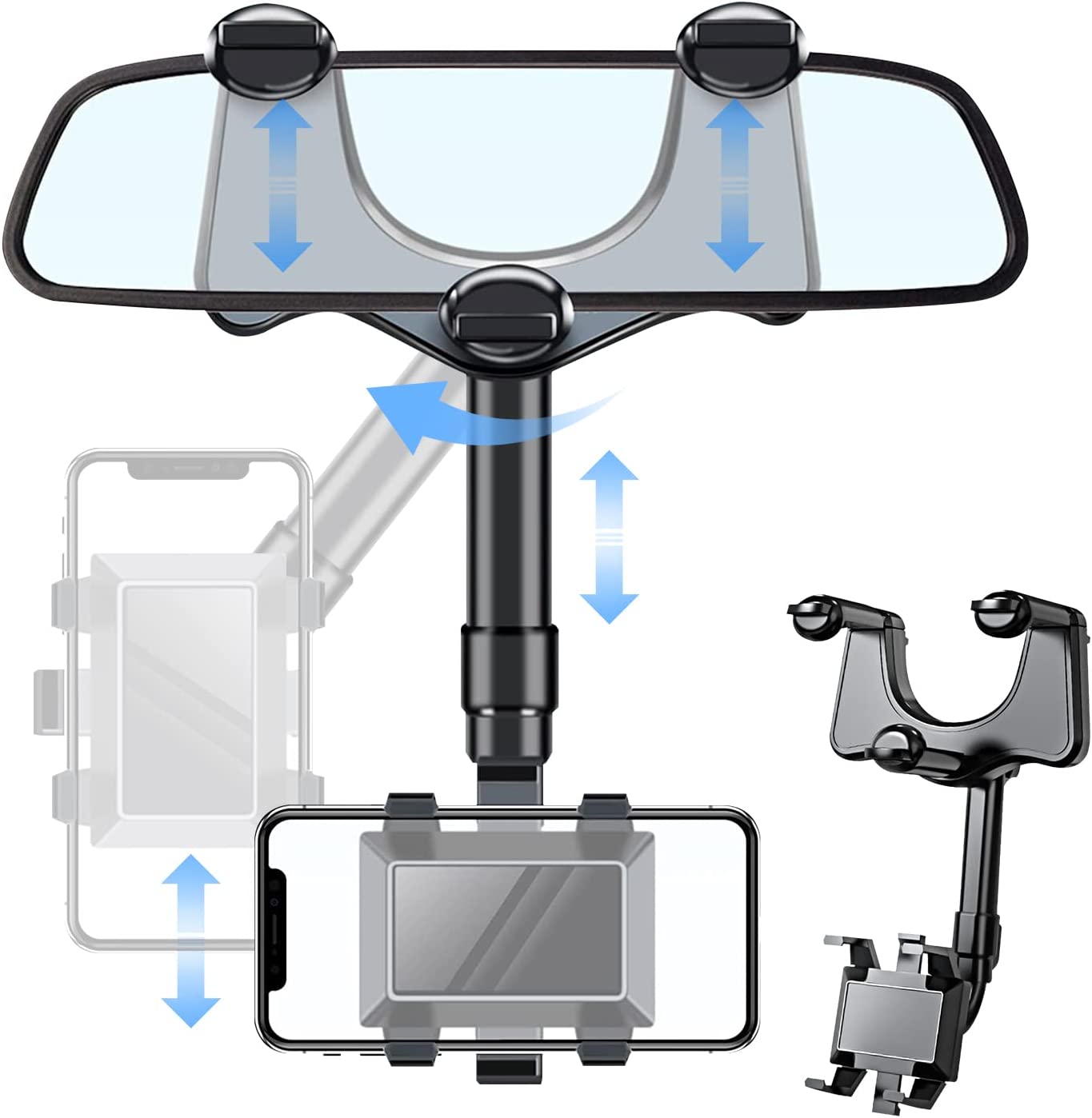 Cidsducac Swivel View Mirror Phone Holder，Rotatable and Retractable Car Phone Holder，Multifunctional Rearview Mirror Phone Holder，Swivel View Phone Holder，for All Mobile Phones and All Car