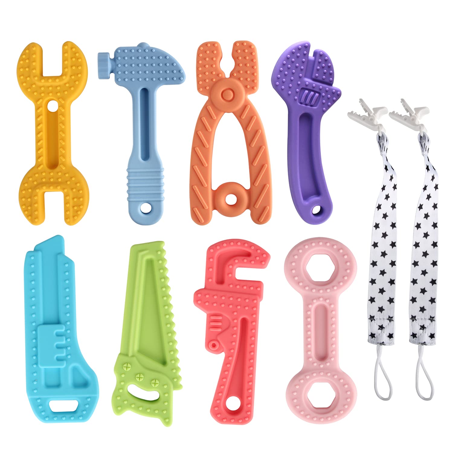 Fu Store 8 Pack Soft Silicone Teething Toys for Toddlers Infant Hammer Wrench Spanner Pliers Saw Knife Tools Shape Baby Teethers Relief Soothe Babies Gums Set (8 Pack Hammer Set)