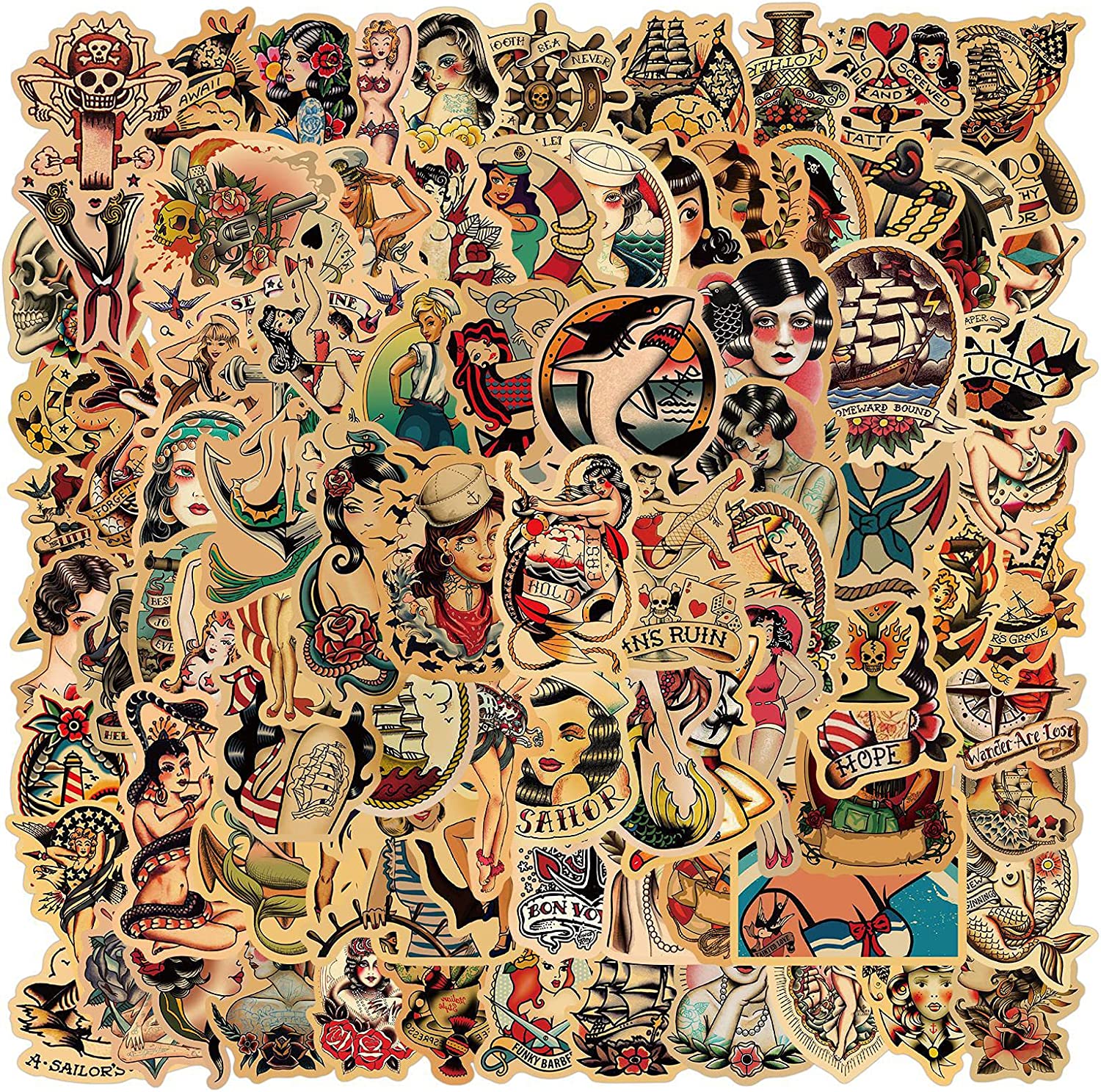 Vintage Stickers| 100 PCS |Retro Stickers Packs for Adults,Pin up Stickers SailorJerry Stickers and Decals,Pinup Girl Stickers,Vinyl Waterproof Stickers for Laptop,Bumper,Skateboard,Water Bottles,Comp