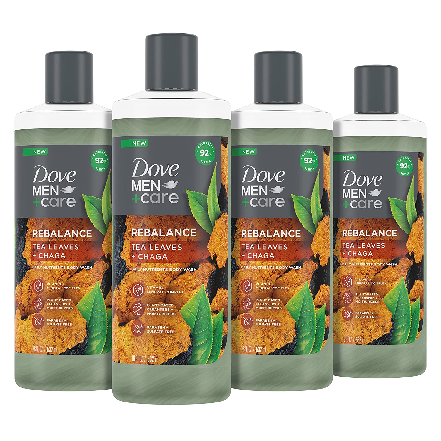 DOVE MEN + CARE Rebalance Body Wash Tea Leaves and Chaga 4 Count With Vitamin and Mineral Complex Moisturizing Body Wash with Plant Based Ingredients 18 oz