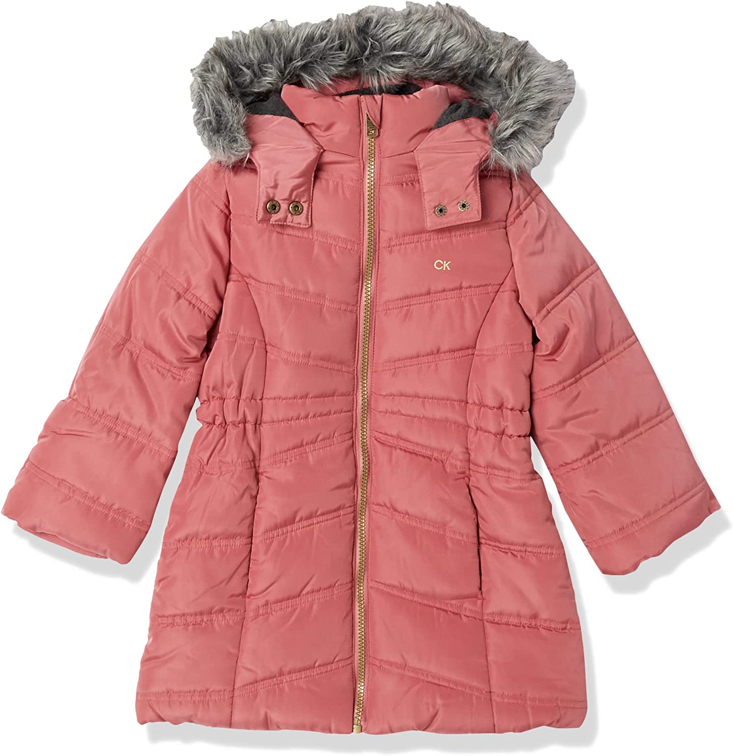 Calvin Klein Girls' Long Length Hooded Puffer Jacket with Fleece Lining
