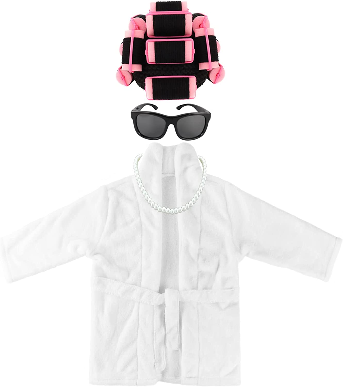 Adolala Newborn Photography Props 4 PCS Photoshoot Outfits Bathrobe Baby Curler Hat Bead Necklace Glasses Costume Sets