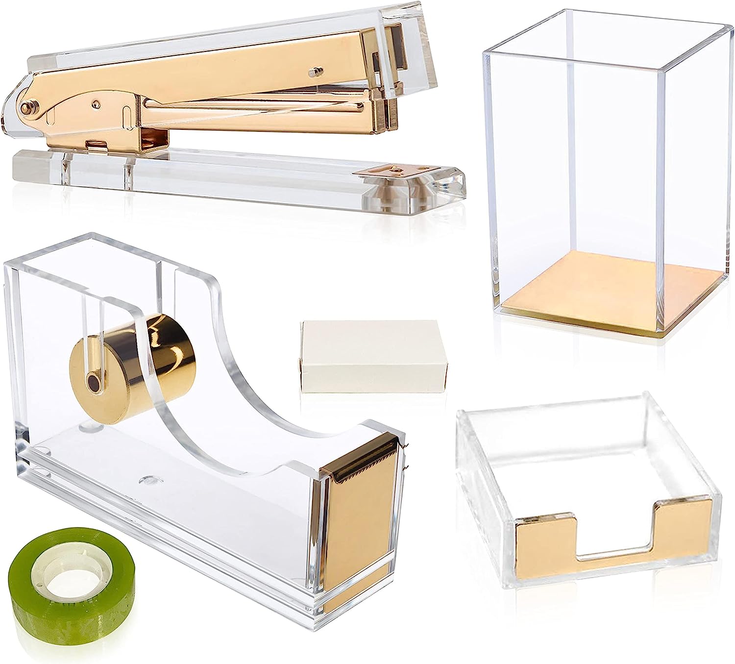 Varuni- Gold Desk Accessories- Office Accessories -Gift Set- Heavy Duty Stapler, Pen Organizer, Tape Dispenser Desk, Clear Sticky Notes- Including Clear Tape and 1000 Staples- Acrylic Desk