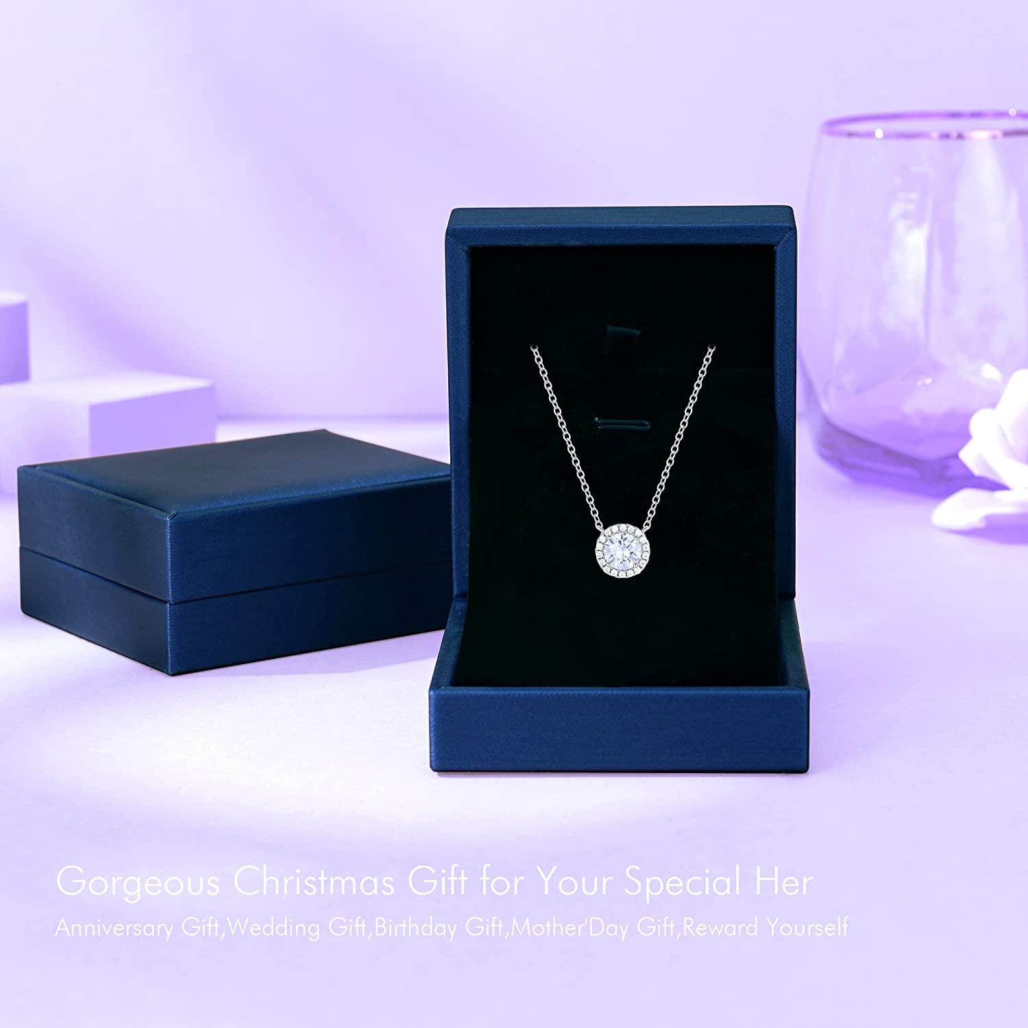 Gloffery 925 Sterling Silver Birthstone Round Solitaire Pendant Dainty Halo Necklaces for Women， Anniversary Valentine's Day Birthday Mother's Jewelry Gifts for Girls Women Wife Mom Girlfriend