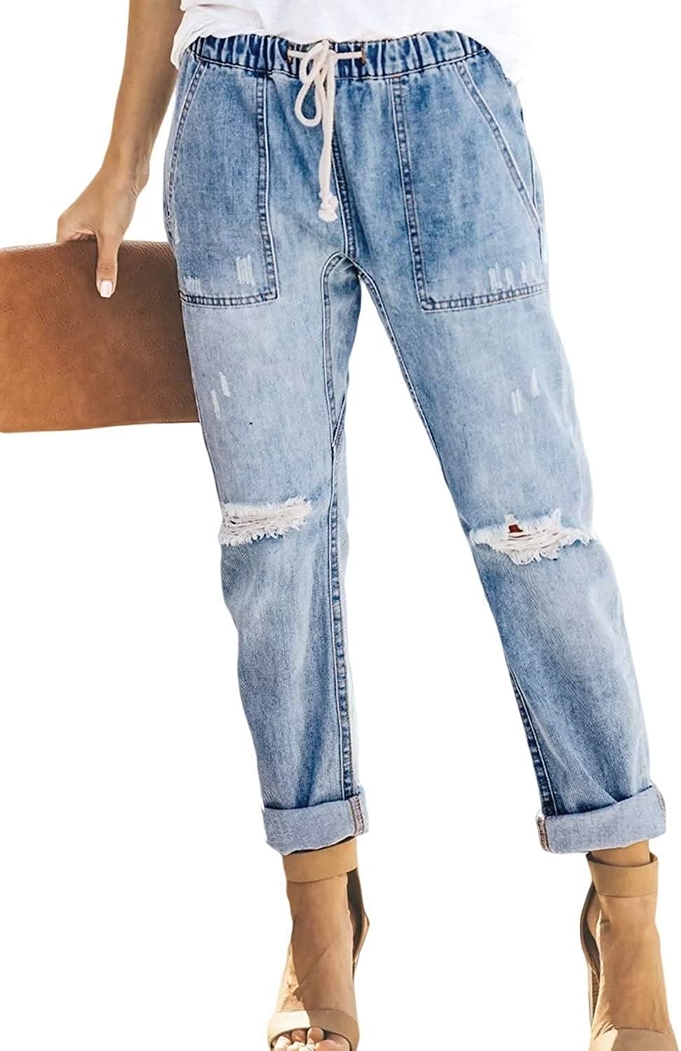 Sidefeel Women Pull-on Distressed Denim Joggers Elastic Waist Stretch Pants