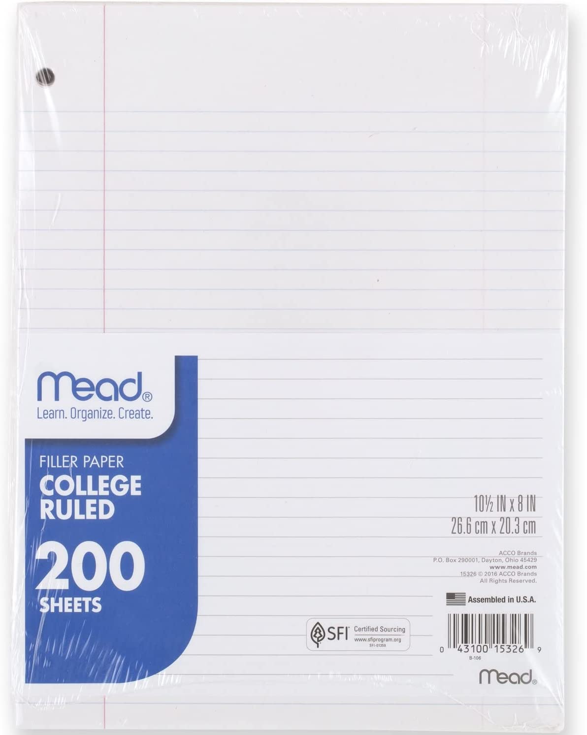 Mead Loose Leaf Paper, 3 Hole Punch Filler Paper, College Ruled Paper, 10-1/2" x 8", 200 Sheets (15326)