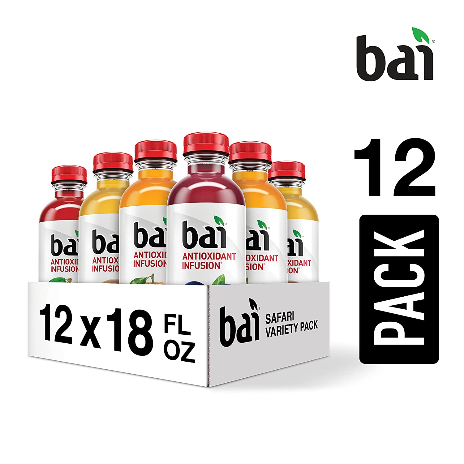 Bai Flavored Water, Safari Variety Pack, Antioxidant Infused Drinks, 18 Fluid Ounce Bottles, 12 Count, 3 Each of Brasilia Blueberry, Costa Rica Clementine, Malawi Mango, Zambia Bing Cherry,18 Fl Oz (P