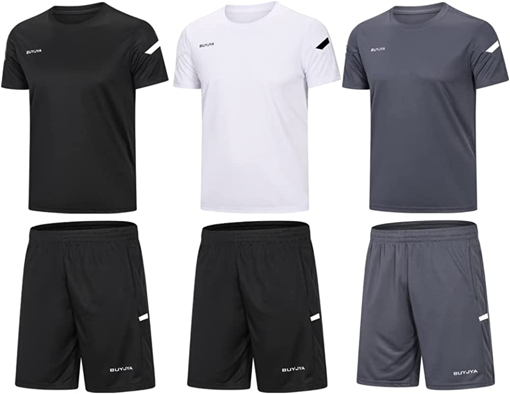BUYJYA Men's Workout Clothes Athletic Shorts Shirt Set 3 Pack for Basketball Football Exercise Training Running Gym
