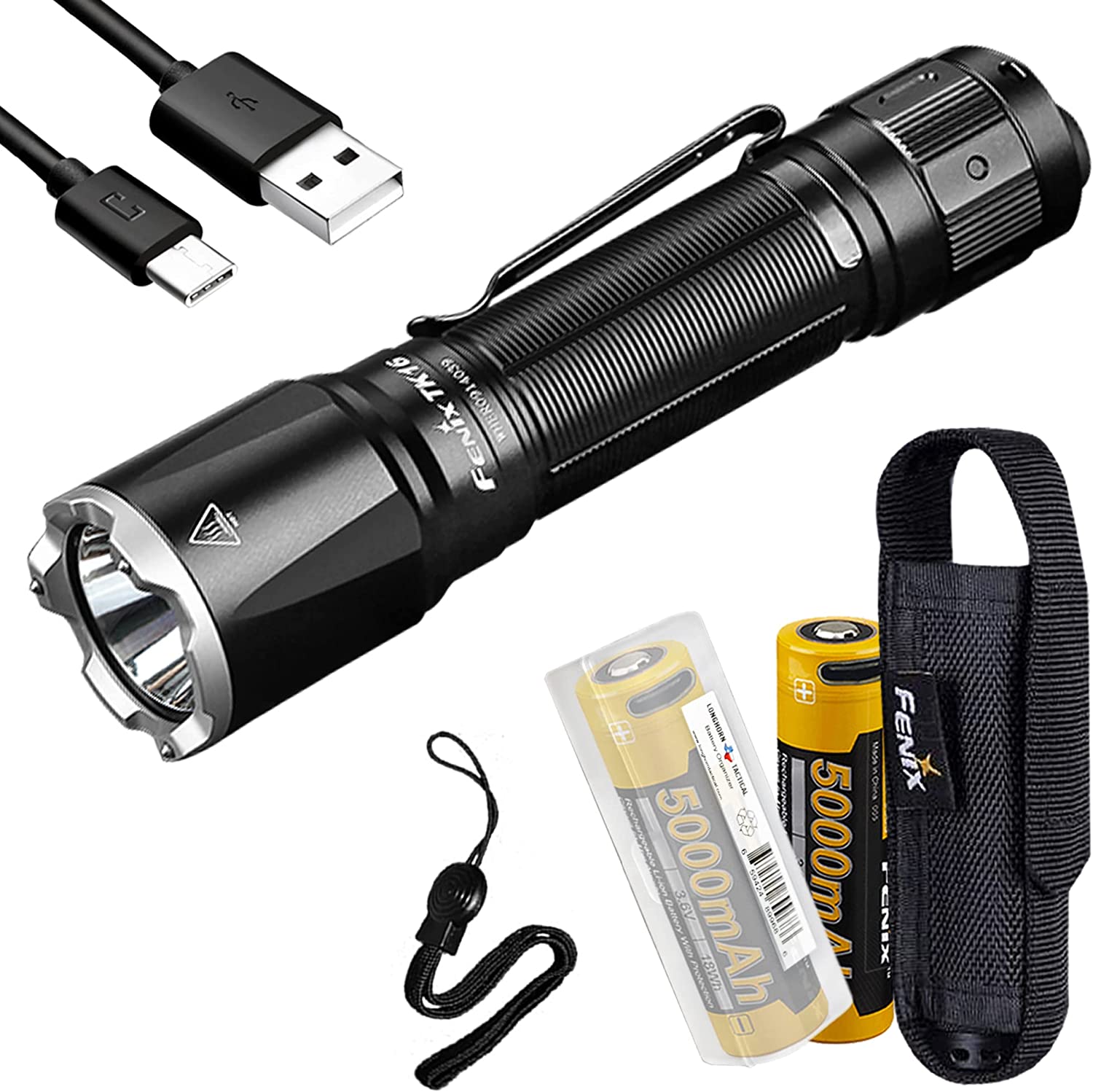 Fenix TK16 v2.0 Tactical Flashlight, 3100 Lumen Long Throw with Two USB-C ARB-L21-5000U and LumenTac Organizer