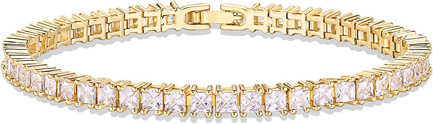 PAVOI 14K Gold Plated Princess Cut Cubic Zirconia Classic Tennis Bracelet | Gold Bracelets for Women | 3mm CZ, Size 6.5-7.5 Inch