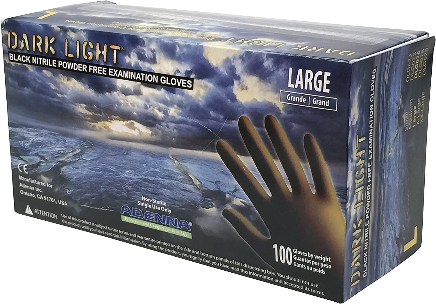 Adenna Dark Light 9 mil Nitrile Powder Free Exam Gloves (Black), Large - Box of 100 (DLG676)
