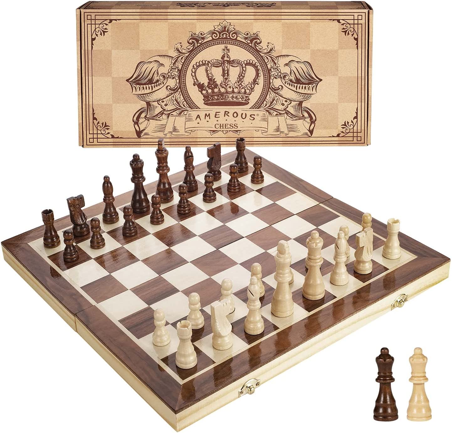 AMEROUS 15 Inches Magnetic Wooden Chess Set - 2 Extra Queens - Folding Board, Handmade Portable Travel Chess Board Game Sets with Game Pieces Storage Slots - Beginner Chess Set for Kids and Adults