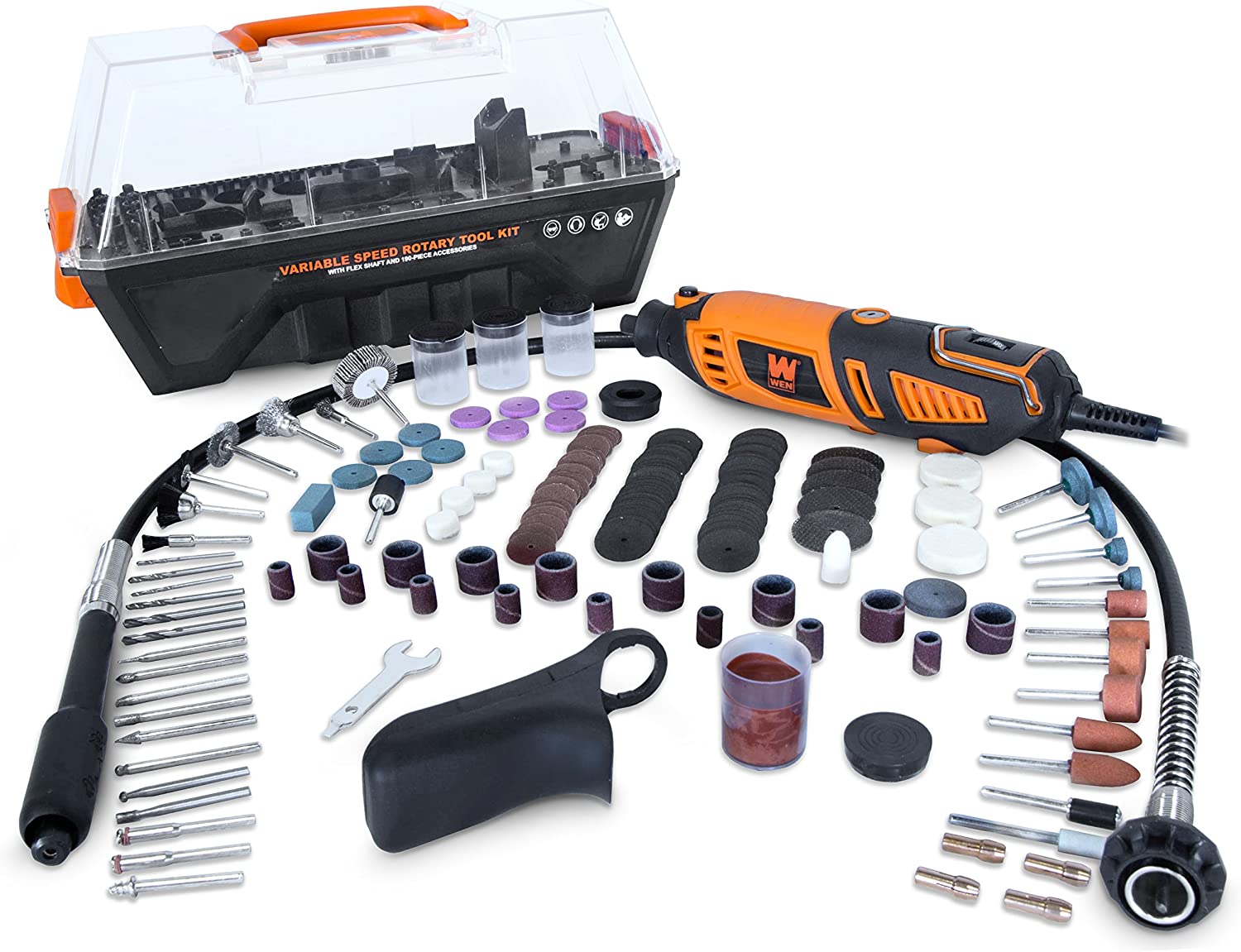 WEN 23190 1.3-Amp Variable Speed Steady-Grip Rotary Tool with 190-Piece Accessory Kit, Flex Shaft, and Carrying Case