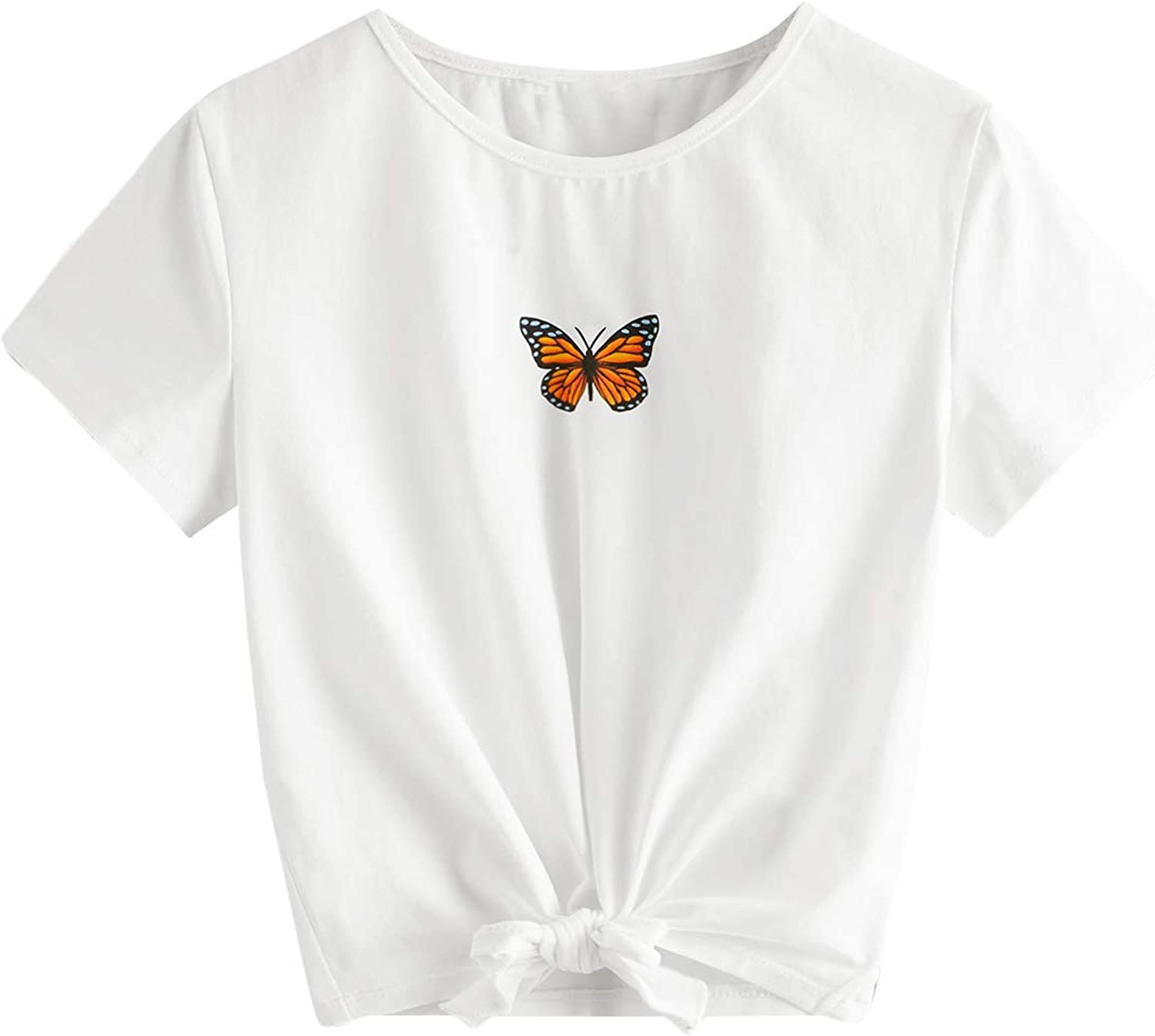 Romwe Girl's Casual Butterfly Print Short Sleeve Tie Knot Front T Shirt Tee Tops
