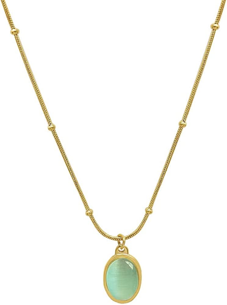Moonffay Women's Green Stone Necklace，Charm 18k Gold Plated Stainless Steel Snake Chain Jewelry Bling Drop Pendant Choker Necklaces for Girls