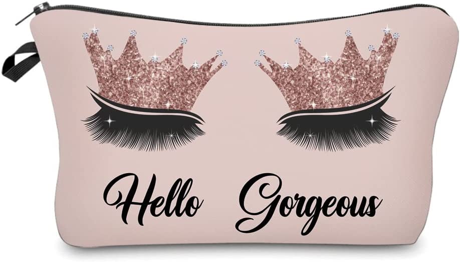 Hello Gorgeous Makeup Bag for Purse Eyelash Pink Cosmetic Bags for Women Inspirational Gift for Girls Small Funny Cosmetics Glitters Eyeshadows Travel Bag Cases for Toiletries Accessories Organizer
