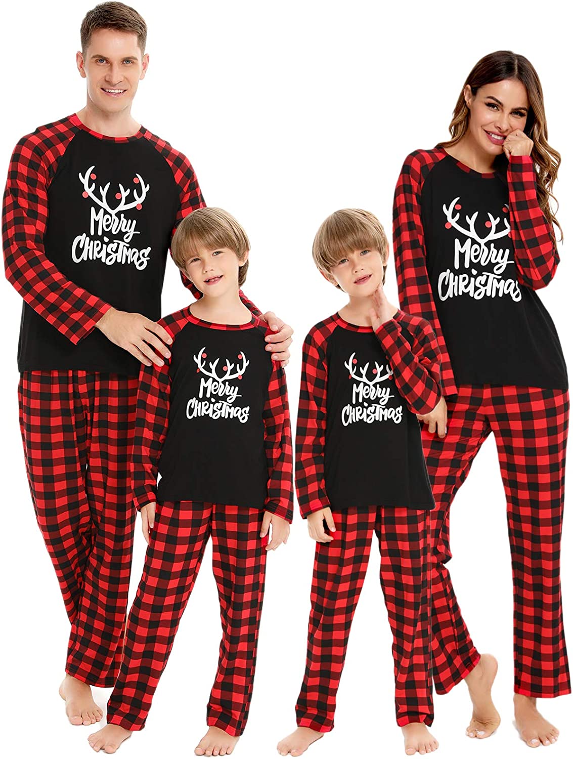 SWOMOG Matching Family Christmas Pajamas Printed Long Sleeve Tee and Plaid Pants Loungewear