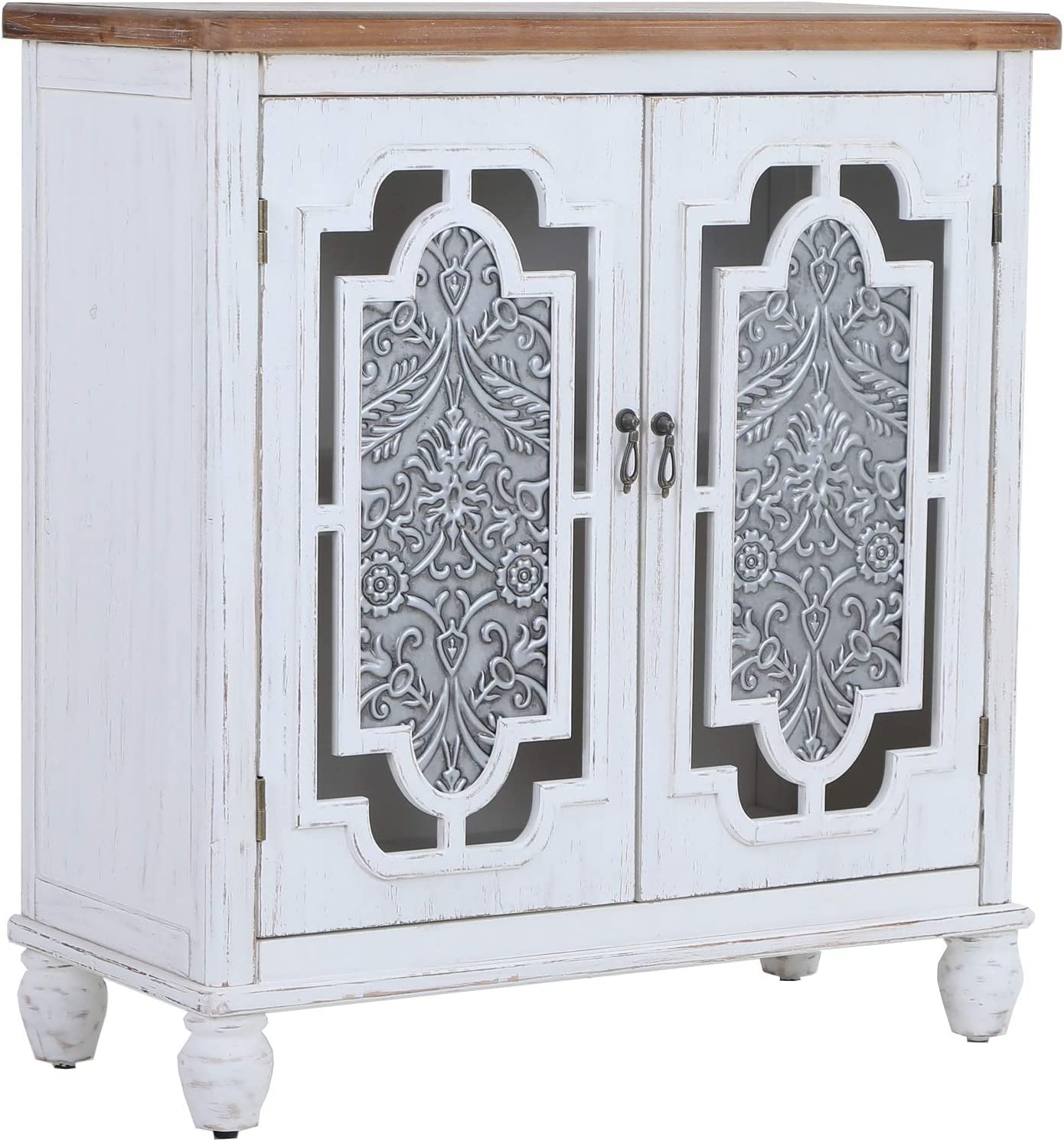 Sophia &amp; William Accent Storage Cabinet with Wood Frame and Iron Embossed Painted Door， Distressed Floor Cabinet for Entryway Bedroom Living Room