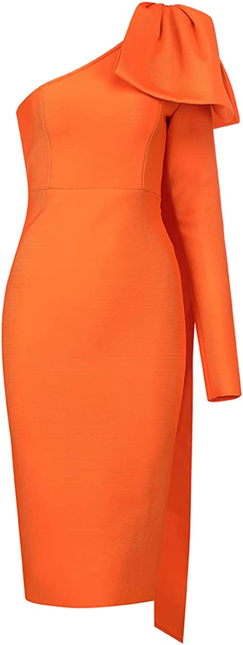 UONBOX Women's One Shoulder Bowknot Long Sleeve Bodycon Knee Length Club Party Bandage Dress
