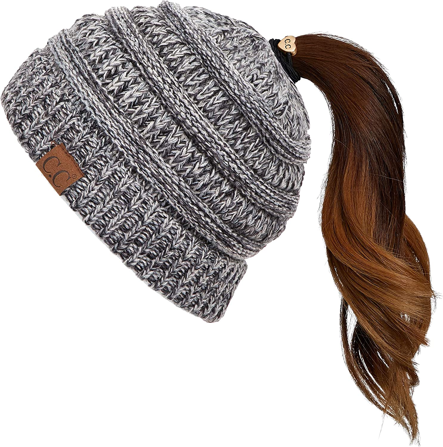 C.C Exclusives Soft Stretch Cable Knit Messy Bun Ponytail Beanie Winter Hat for Women (MB-20A)
