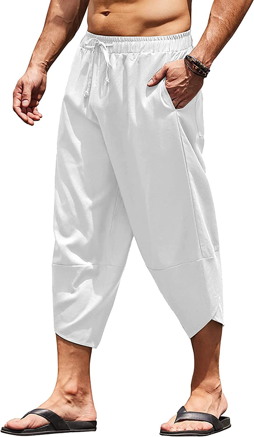 COOFANDY Men's Linen Harem Capri Pants Lightweight Loose 3/4 Shorts Drawstring Elastic Waist Casual Beach Yoga Trousers