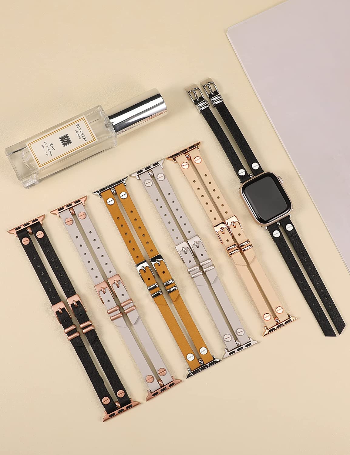 Wearlizer Leather Bands Compatible with Apple Watch Band 38mm 40mm 41mm 42mm 44mm 45mm 49mm(Ultra) Women, Double-Row Design with Rivets Decoration Stylish Strap for iWatch Series 8 SE 7 6 5 4 3 2 1