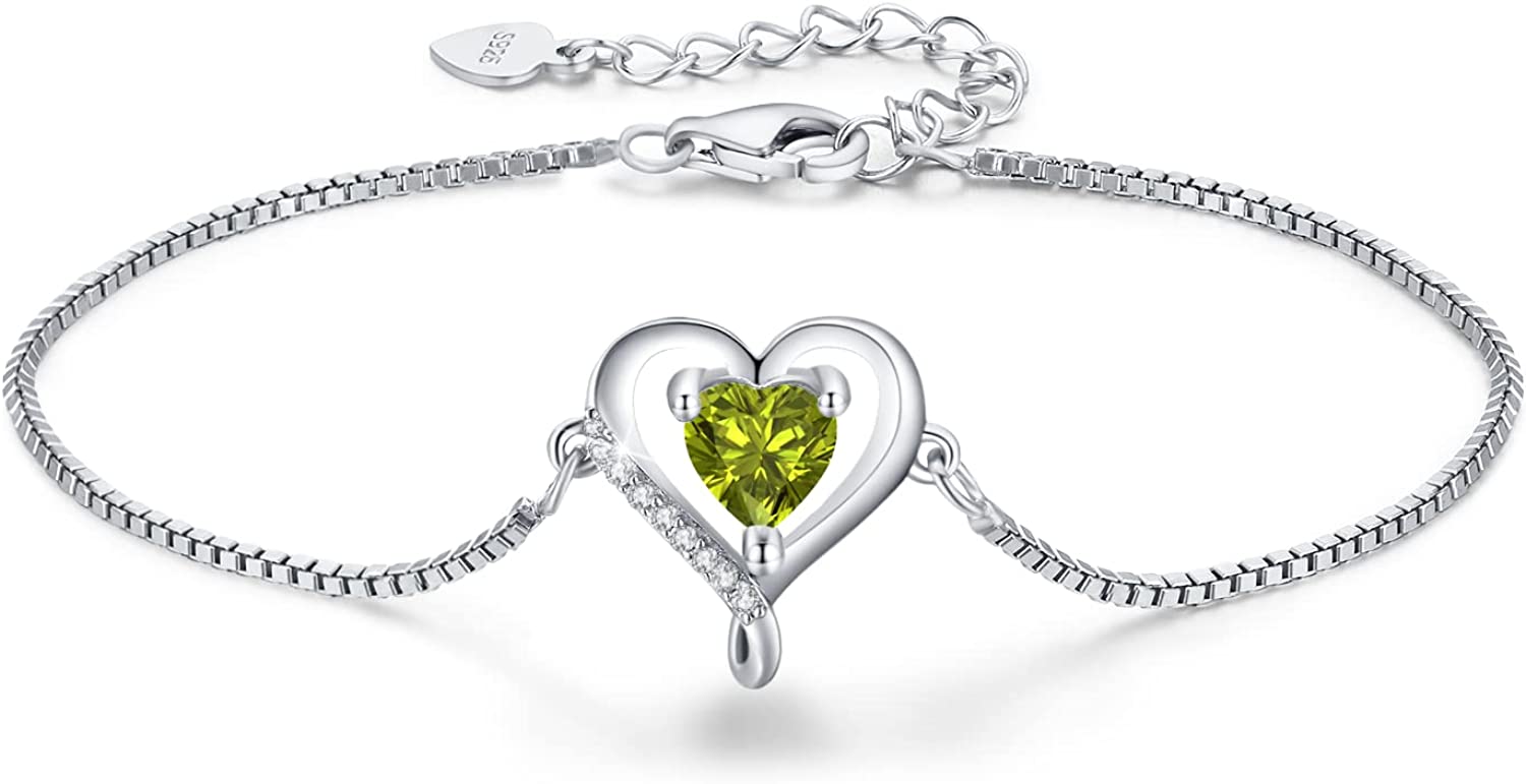 LAVUMO Heart Bracelet for Women 925 Sterling Silver Bracelet with Birthstone Zirconia,Adjustable Bracelet Best Mother's Day Gifts for Women Girls Chain Length 6.7"+1.6" Extend