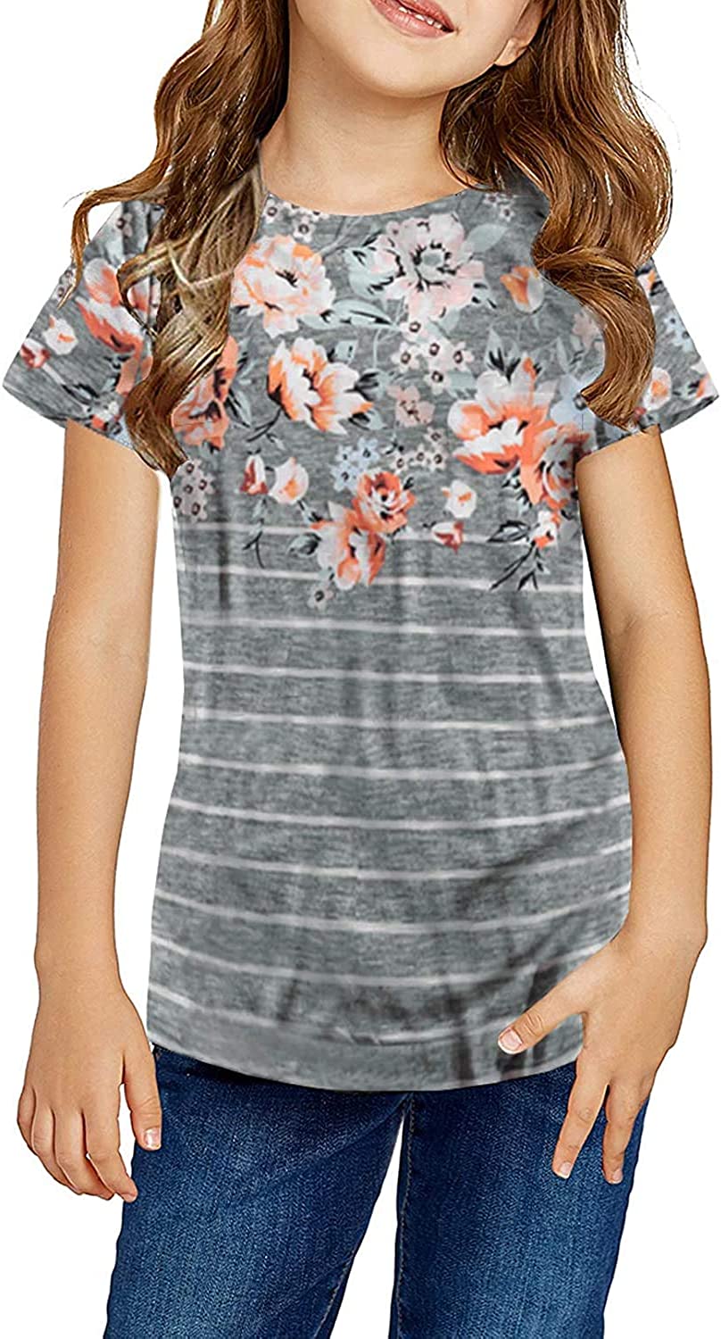 ZIWOCH Girls Clothes Short Sleeve T Shirts Casual Color Block Striped Loose Girls' Tops Tees & Blouses 4-13 Years Old Summer