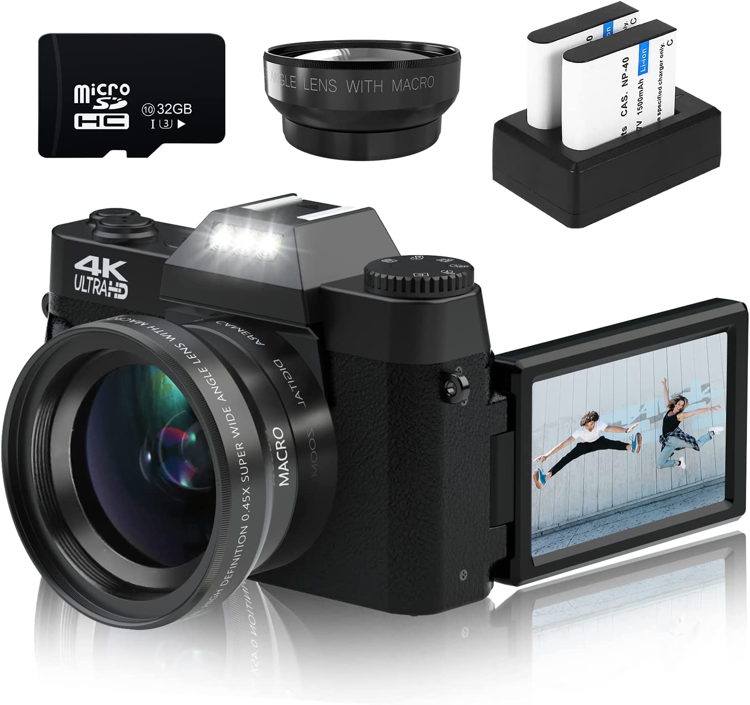 Digital Cameras for Photography, 4K 48MP Vlogging Camera 16X Digital Zoom Manual Focus Rechargeable Students Compact Camera with 52mm Wide-Angle Lens & Macro Lens, 32G Micro Card and 2 Batteries