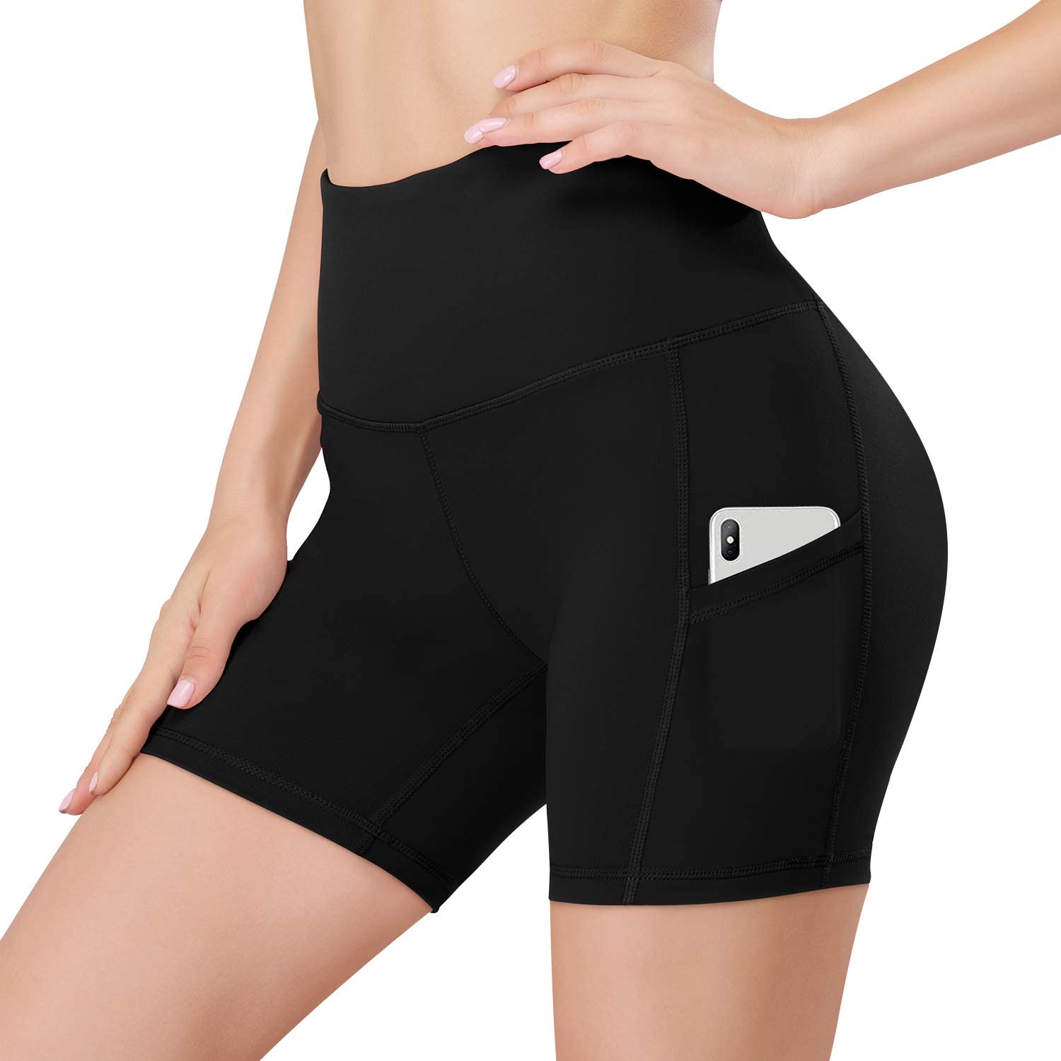 HISKYWIN 5"/8" Inseam High Waist Women Yoga Shorts Compression Exercise Workout Running Shorts Pockets