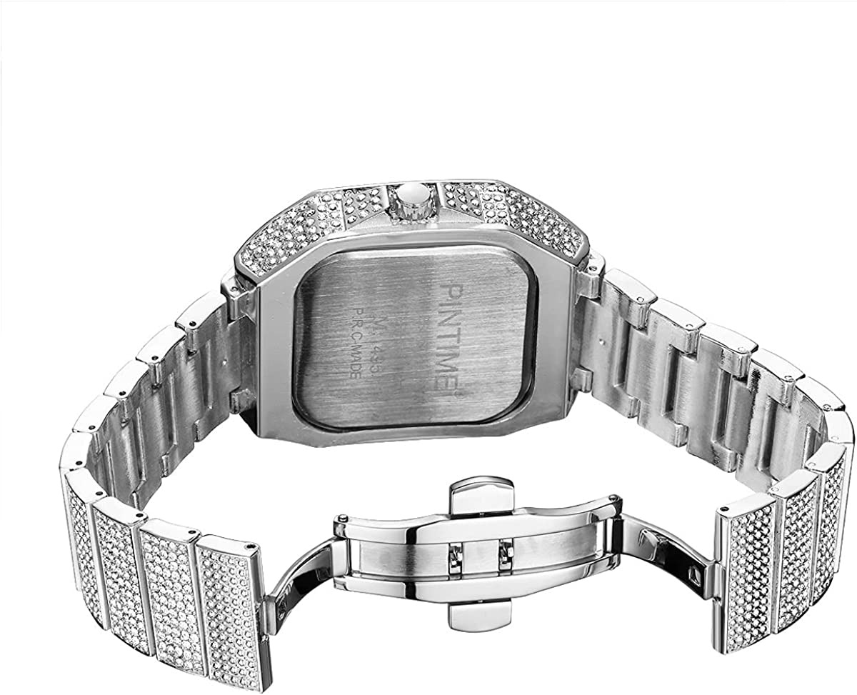 PINTIME Mens Full Iced Out 43mm Big Face Bling Luxury Crystal Square Watches Fashion Hip Hop Jewelry Watch for Men