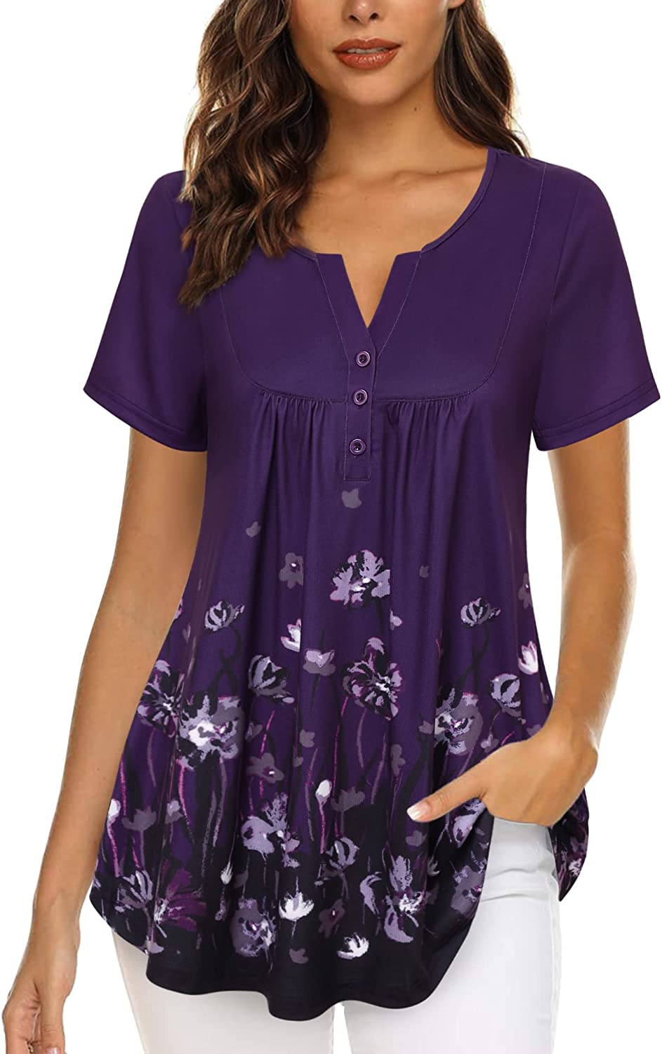 Bebonnie Women's Vintage Short Sleeve V Neck Pleated Tunic Shirt