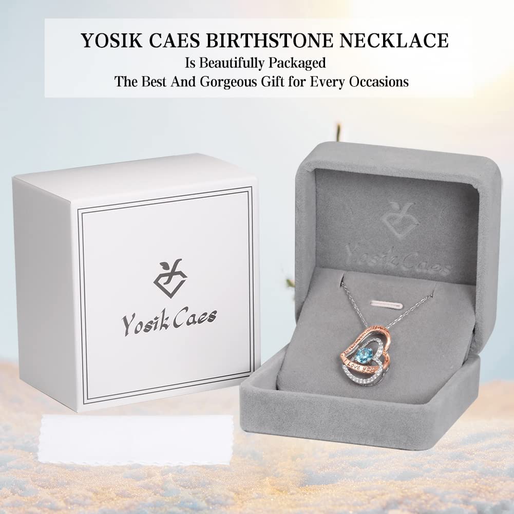 YosikCaes 925 Sterling Silver Double Heart Birthstone Pendant Necklace for Women, 18K Rose Gold Plated, Hand Set with 5A Zirconia Stones, 18+2" Chain Length, 10mm Lobster Claw Clasp with Jewelry Polis
