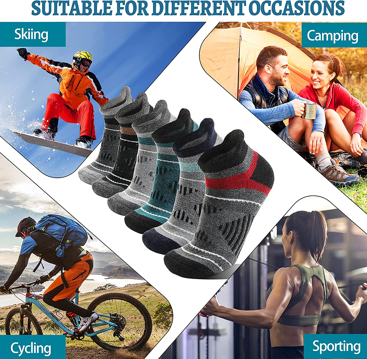 EBMORE 6 Pairs Merino Wool Ankle Hiking Running Socks Compression Support Thick Cushion No Show Socks for Men Women