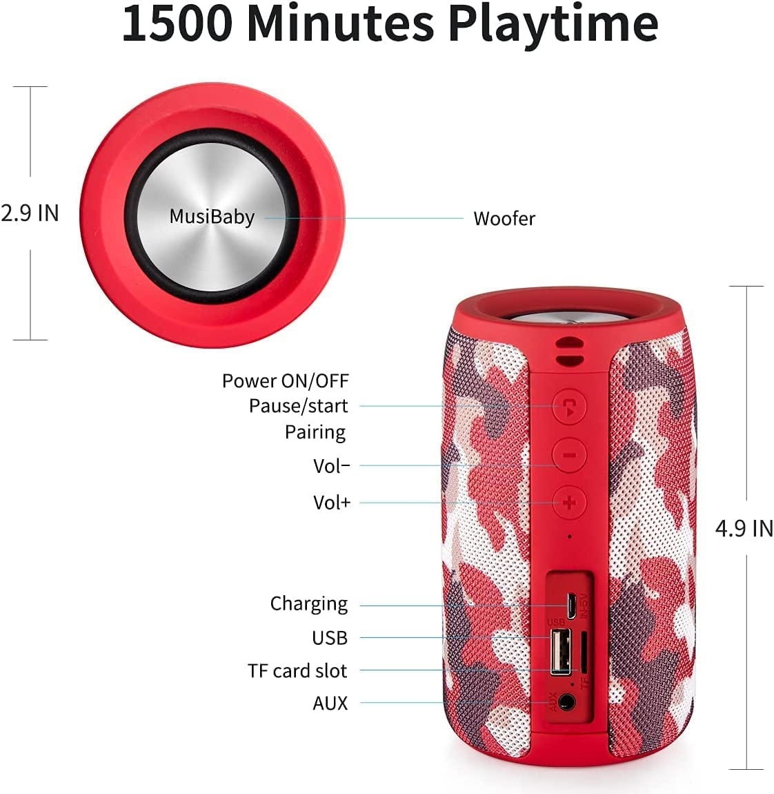 Bluetooth Speakers，MusiBaby Speaker，Outdoor， Portable，Waterproof，Wireless Speaker，Dual Pairing， Bluetooth 5.0，Loud Stereo，Booming Bass，1500 Mins Playtime for Home，Party，Gifts(Black)