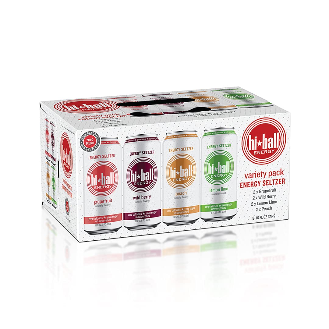 Hiball Clean Energy Seltzer Water， Caffeinated Sparkling Water Made with Vitamin B12 and Vitamin B6， Sugar Free (8 pack of 16 Fl Oz)， Variety Pack