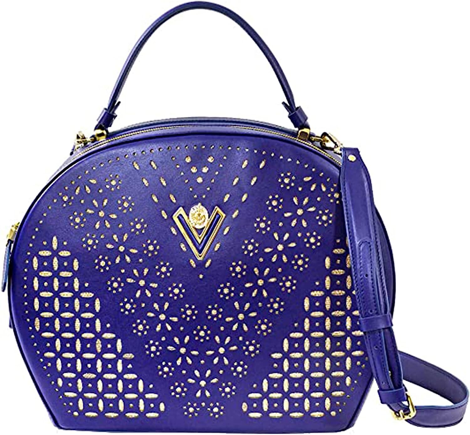 Valentino Orlandi Women's Large Handbag Italian Designer Purse Bowling Bag Top Handle Tanzanite Embroidered Genuine Leather Purse in Laser Cut Gold Design