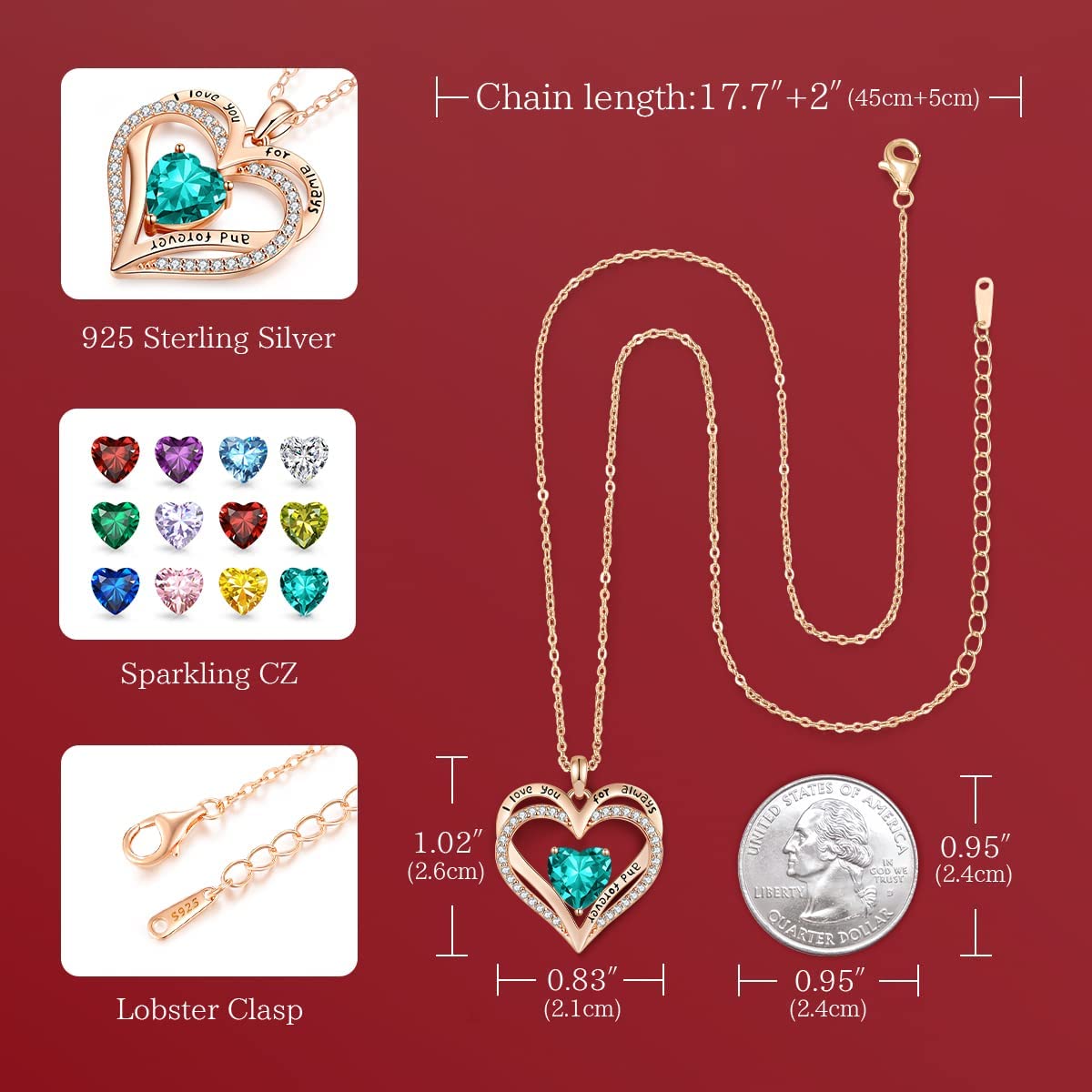 CDE Birthstone Necklaces for Women Girls， 925 Sterling Silver Forever Love Heart Pendant Necklace with Cubic Zirconia， Christmas Birthday Anniversary Valentine's Day Jewelry Gift for Wife Mother G