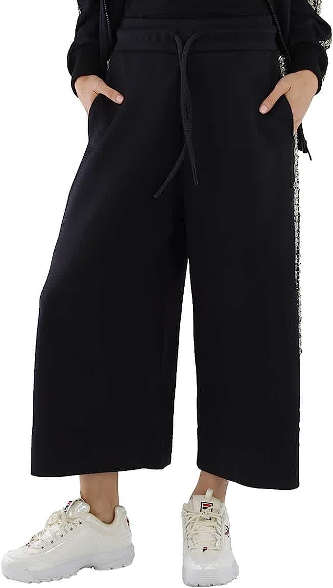 Burberry Ladies Black Crystal Detail Wide-leg Jersey Cropped Track Pants