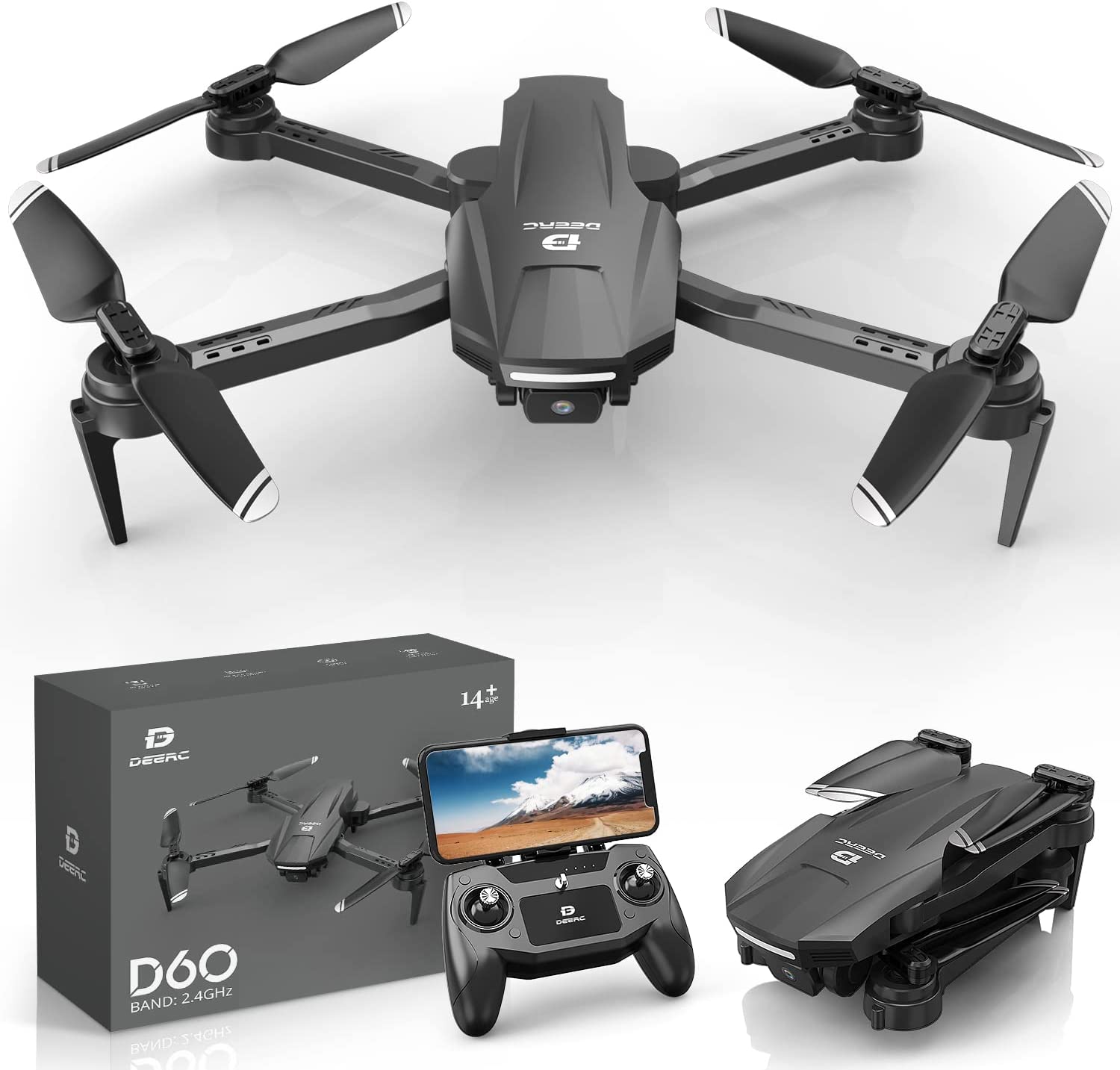 DEERC Drones with Camera for Adults Kids 1080P HD Video, D60 FPV Drone for Beginner with Long Battery Life, Gravity Sensor, Foldable Hobby RC Quadcopters & Multirotors, Toys Gifts for Boys Girls