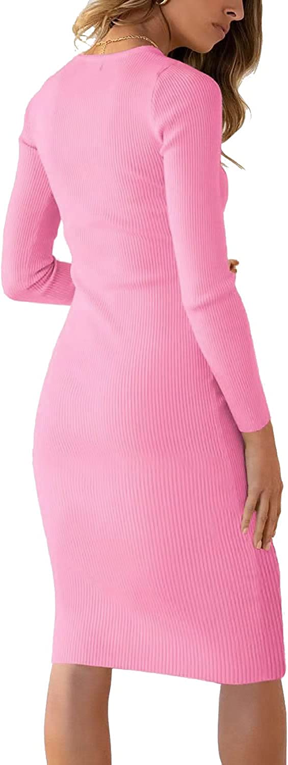 SHANZHEN Women's Summer Bodycon Midi Dress Solid Color Casual Crew Neck Hollow Cut- Out Long Sleeve/Sleeveless Dresses